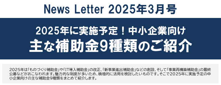 【2025年3月号】NewsLetter（2025年実施の主な補助金9種類のご案内）